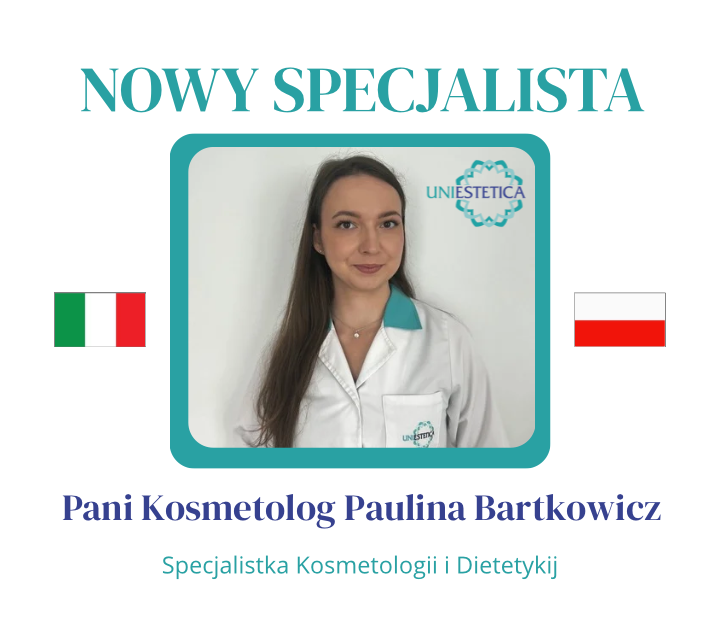 Zdjęcie nowej specjalistki w kosmetologii i dietetyce — Mgr. Pauliny Bartkowicz, ubranej w biały fartuch z logo Uniestetica, na tle flagi Włoch i Polski